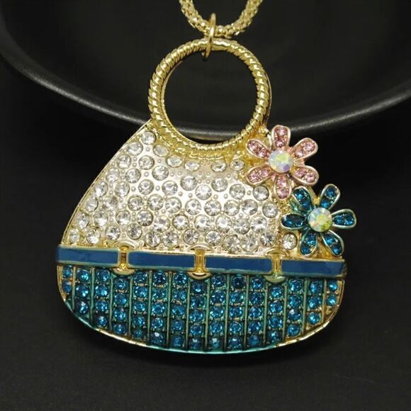 Blue Enamel Cute Basket Flower Crystal Pendant Chain Necklace NWOT - Picture 2 of 3